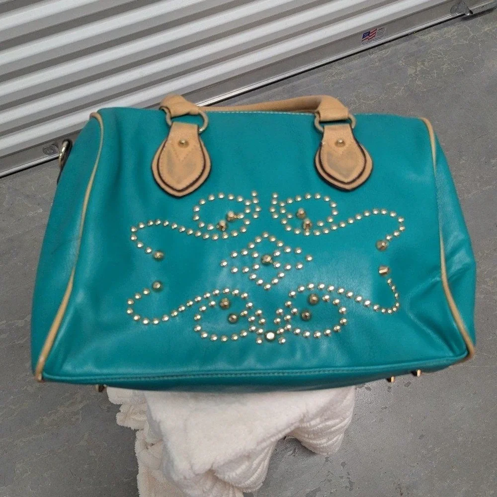Western Boho Teal Studded‎ Satchel Purse Faux Leather Southwestern Bag Festival